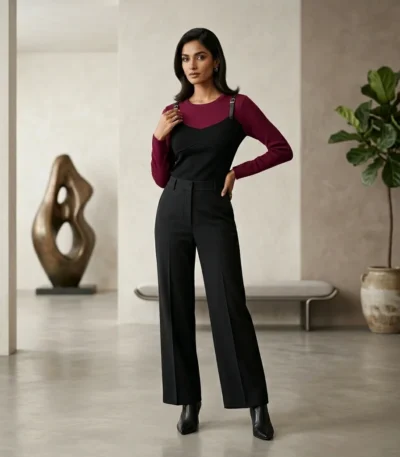 Women’s burgundy and black two tone color block top with faux leather buckle straps (1)