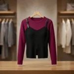 Women’s burgundy and black two tone color block top with faux leather buckle straps (2)