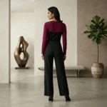 Women’s burgundy and black two tone color block top with faux leather buckle straps (5)