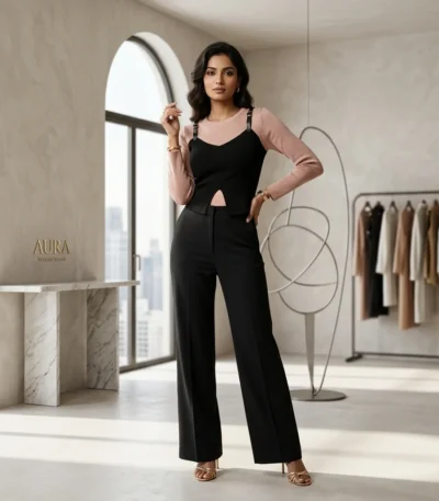 Women's two tone dusty rose and black layered top with gold buckle shoulder straps (3)