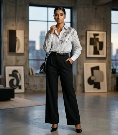 Women's white and black vertical pinstripe long sleeve shirt featuring 3D floral embroidery and dark metallic sequins on the left shoulder (1)