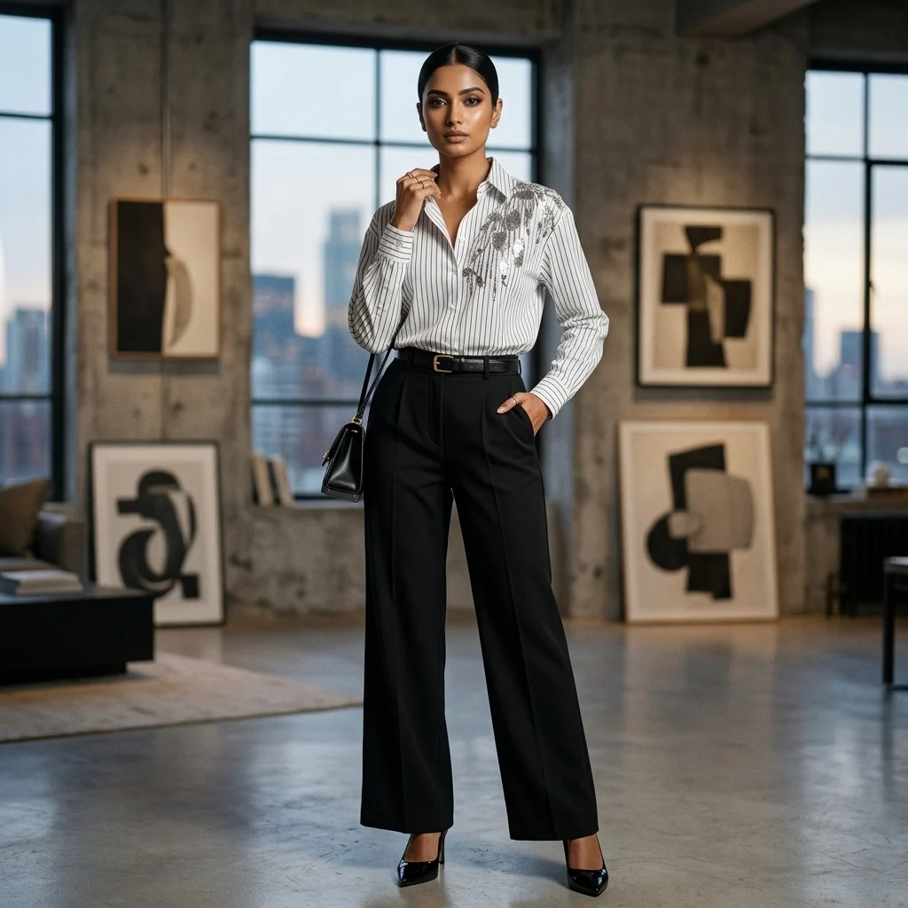 Women's white and black vertical pinstripe long sleeve shirt featuring 3D floral embroidery and dark metallic sequins on the left shoulder (1)