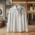 Women's white and black vertical pinstripe long sleeve shirt featuring 3D floral embroidery and dark metallic sequins on the left shoulder (2)