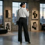 Women's white and black vertical pinstripe long sleeve shirt featuring 3D floral embroidery and dark metallic sequins on the left shoulder (3)