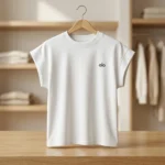 Women's white boxy fit crew neck top featuring extended cap sleeves and a minimalist logo (2)