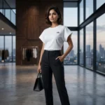 Women's white boxy fit crew neck top featuring extended cap sleeves and a minimalist logo (5)