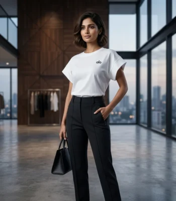 Women's white boxy fit crew neck top featuring extended cap sleeves and a minimalist logo (5)