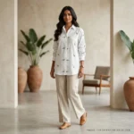 Women’s white full sleeve shirt featuring green leaf and yellow flower botanical embroidery (1)