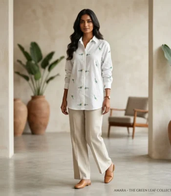 Women’s white full sleeve shirt featuring green leaf and yellow flower botanical embroidery (1)