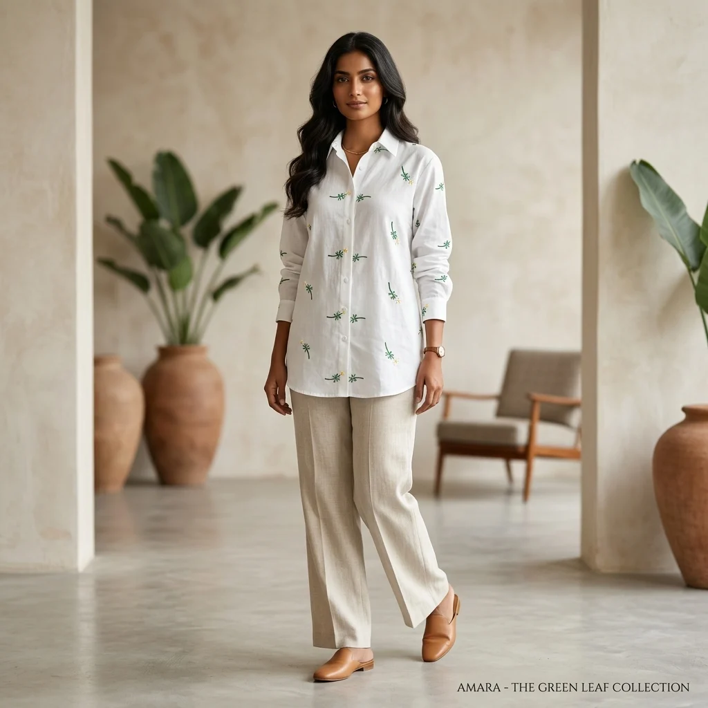 Women’s white full sleeve shirt featuring green leaf and yellow flower botanical embroidery (1) Women’s white full sleeve shirt featuring green leaf and yellow flower botanical embroidery (1)