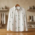 Women’s white full sleeve shirt featuring green leaf and yellow flower botanical embroidery (2)