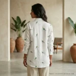 Women’s white full sleeve shirt featuring green leaf and yellow flower botanical embroidery (3)