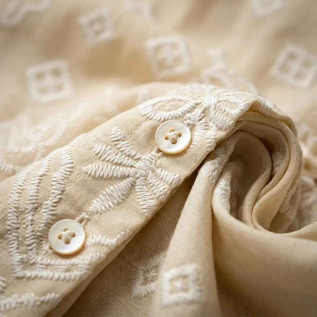 cream colored women's vintage shirt featuring an intricate floral lace Peter Pan collar and geometric embroidery.