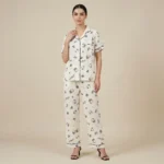 A premium off white Hello Kitty and cupcake print night suit with black piping and notched collar (3)