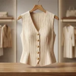 A sophisticated women's beige ribbed co ord set featuring a button down sleeveless vest and matching wide leg trousers (2)