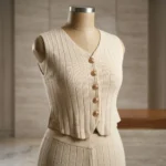 A sophisticated women's beige ribbed co ord set featuring a button down sleeveless vest and matching wide leg trousers (3)