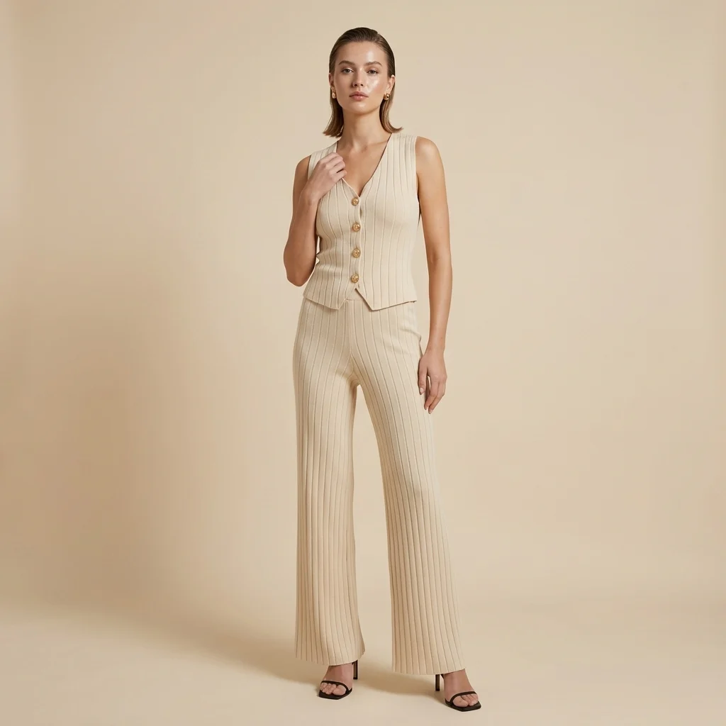 A sophisticated women's beige ribbed co ord set featuring a button down sleeveless vest and matching wide leg trousers (6)