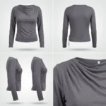 A woman wearing a charcoal grey full sleeves top with a draped neckline (3)