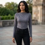 A woman wearing a charcoal grey full sleeves top with a draped neckline (4)