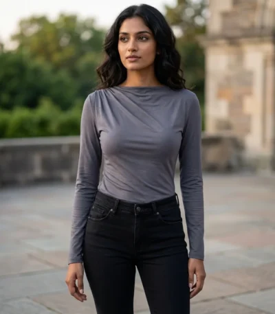 A woman wearing a charcoal grey full sleeves top with a draped neckline (4)
