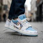 Air Jordan 1 Low Custom Design Sky Blue Paisley and Plaid Pattern Men’s Sneakers (1)
