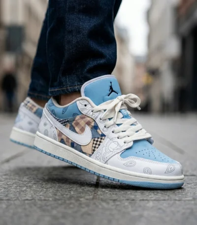 Air Jordan 1 Low Custom Design Sky Blue Paisley and Plaid Pattern Men’s Sneakers (1)
