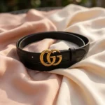 Black Leather Belt with Gold Double G Buckle for Women (1)