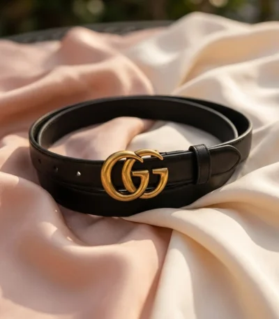 Black Leather Belt with Gold Double G Buckle for Women (1)