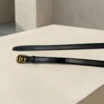 Black Leather Belt with Gold Double G Buckle for Women (2)