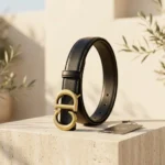 Black Leather Women's Belt with Gold CD Logo Buckle (2)