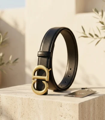 Black Leather Women's Belt with Gold CD Logo Buckle (2)