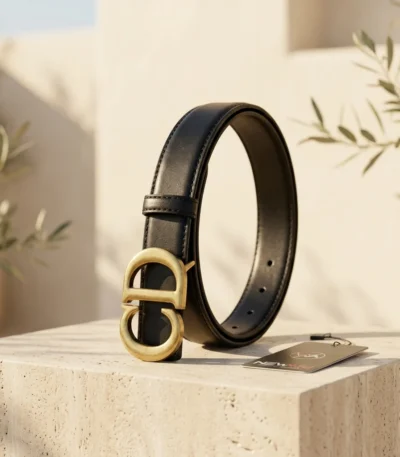 Black Leather Women's Belt with Gold CD Logo Buckle (2)