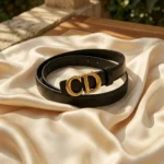 Black Leather Women's Belt with Gold CD Logo Buckle (3)