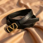 Black Leather Women's Belt with Gold V Logo Buckle (1)