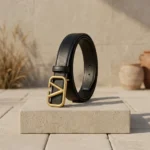 Black Leather Women's Belt with Gold V Logo Buckle (2)