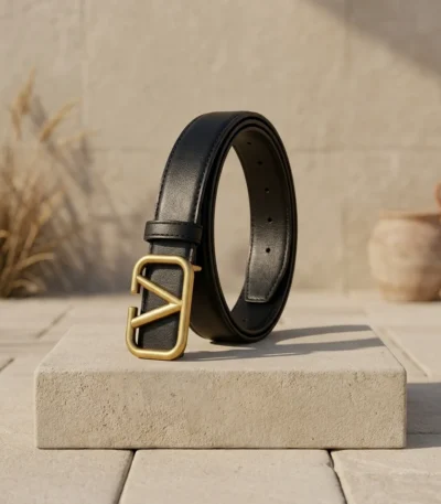 Black Leather Women's Belt with Gold V Logo Buckle (2)