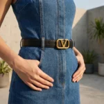 Black Leather Women's Belt with Gold V Logo Buckle (3)