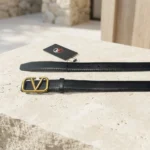 Black Leather Women's Belt with Gold V Logo Buckle (4)