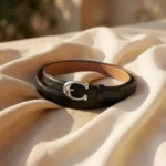 Black Leather Women's Slim Belt with Silver Signature C Buckle (1)