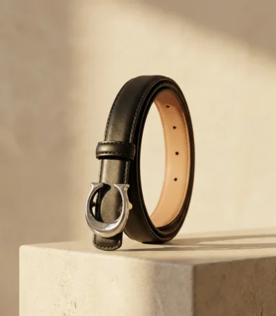 Black Leather Women's Slim Belt with Silver Signature C Buckle (4)