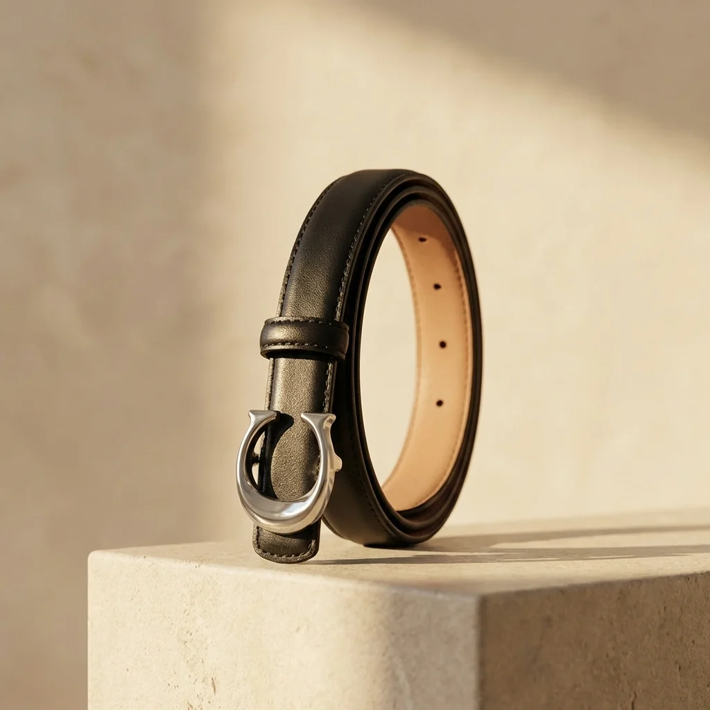 Black Leather Women's Slim Belt with Silver Signature C Buckle (4)