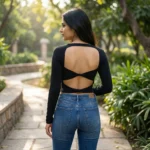 Black Long Sleeve Square Neck Backless Crop Top (3)