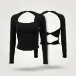 Black Long Sleeve Square Neck Backless Crop Top (4)