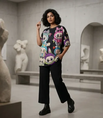 Black oversized t shirt featuring colorful cartoon characters, 3D pink pearls, and rhinestone embellishment (1)