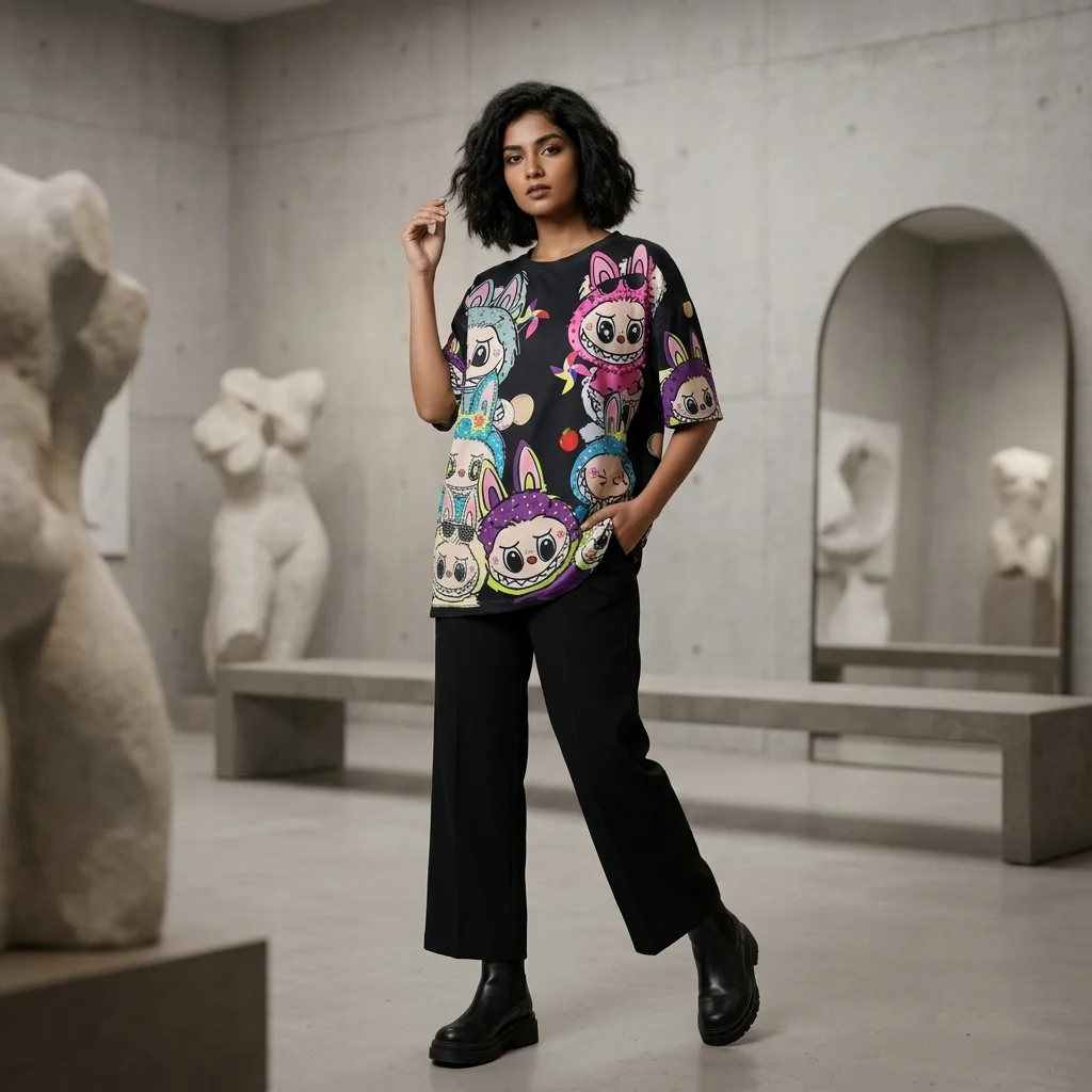 Black oversized t shirt featuring colorful cartoon characters, 3D pink pearls, and rhinestone embellishment (1)