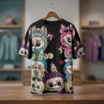 Black oversized t shirt featuring colorful cartoon characters, 3D pink pearls, and rhinestone embellishment (2)
