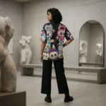 Black oversized t shirt featuring colorful cartoon characters, 3D pink pearls, and rhinestone embellishment (4)