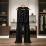 Black ribbed knit co ord set with gold buttons and wide leg trousers (1)