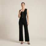 Black ribbed knit co ord set with gold buttons and wide leg trousers (2)