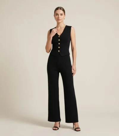 Black ribbed knit co ord set with gold buttons and wide leg trousers (2)